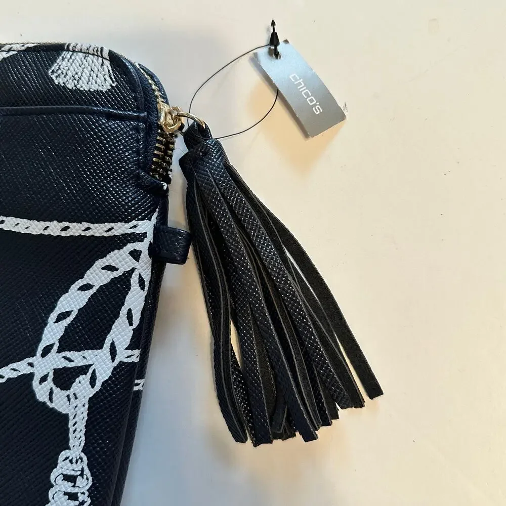 Chicos NEW Printed Tassel Tech Case Zip Pouch Navy Equestrian Print Bag NWT